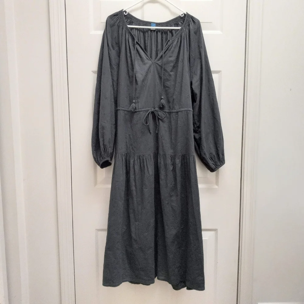 Old Navy Waist Defined Embroidered Midi Dress Gray Size XL Pockets Boho Peasant - Picture 2 of 16